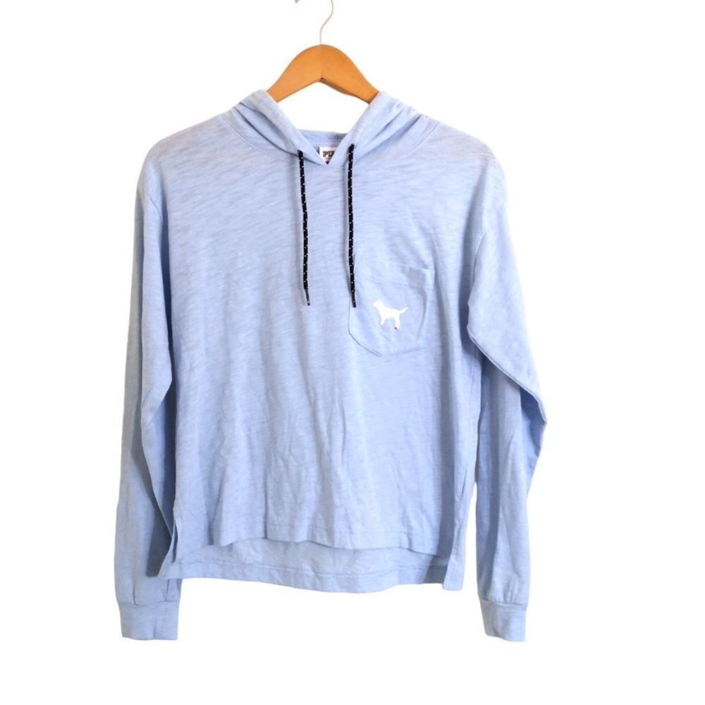 PINK Sky Blue Silver Logo On Hood Pull Over Top Size XS